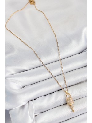 Bsre Kilit ve Anahtar Model Gold Renk Kadın Kolye (316L Çelik)