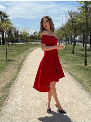 Yeşil Sarmaşık Kadın Kısa Kollu Madonna Yaka Önü Kısa Arkası Uzun Ithal Krep Elbise