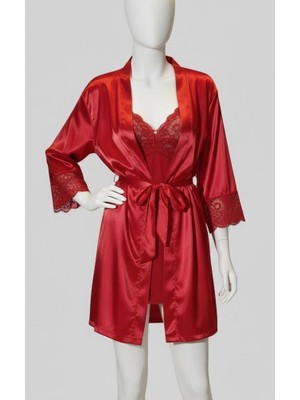 Biçomi Bicomi Bordo Dantel Işlemeli Ince Askılı Saten 2li Gecelik Sabahlık Takımı