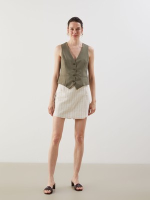 Lc Waikiki Yeni Sezon Beli Fermuarlı Çizgili Keten Karışımlı Kadın Şort Etek