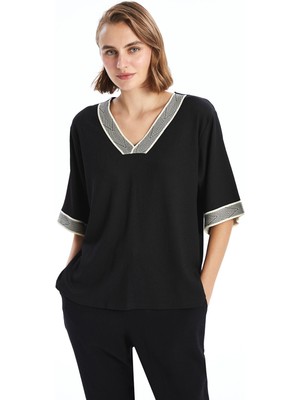 Lc Waikiki Yeni Sezon V Yaka Desenli Oversize Dokulu Kadın Bluz