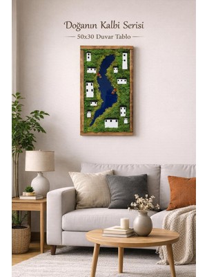 Anı Atölyesi El Yapımı Ahşap Çerçeveli Gerçek Yosun ve Epoksi Göl ve Yayla Evi Temalı Doğa/manzara Tablo (40X50)