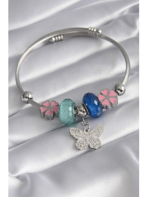 SHC4200 316L Çelik Gümüş Renk Kristal Taşlı Zirkon Taşlı Figür Charm Kadın Bileklik - TJ-BB5831