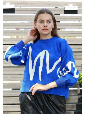 SHC4200 Beyaz Çizgili Bisiklet Yaka Kazak Saksmavisi