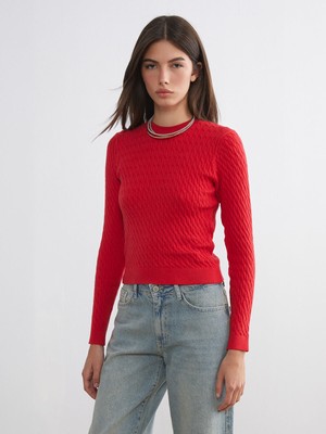 Lc Waikiki Yeni Sezon Bisiklet Yaka Kendinden Desenli Kadın Triko Kazak