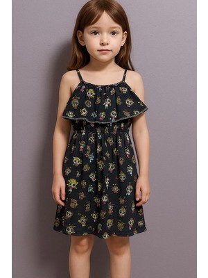 SHC4200 Karikatür Baskılı Askılı Kız Çocuk Elbisesi Lacivert