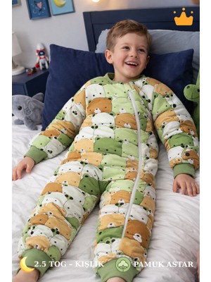 Baby Hola Çocuk Uyku Tulumu Pamuk Astarlı 2.5 Tog Kalın Kışlık Elyaf Dolgulu 2-9 Yaş Yeşil Ayı 6020