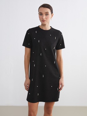 Lc Waikiki Yeni Sezon Bisiklet Yaka Inci Işlemeli Elbise