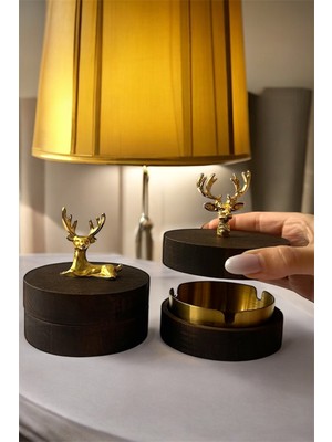 Gisvol 2li Set Kapaklı Ahşap Geyik Figür Metal Iç Haznli Dekoratif Küllük Masa Küllük Koyu Gold Geyikli2