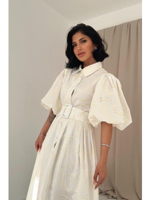 Dua Giyim Ekru Pileli Balkon Elbise
