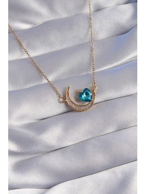 316L Çelik Zincir Gold Renk Zirkon Taşlı Ay Tasarımlı Kolye