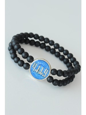 Vav Figürlü Lacivert Metal Aksesuarlı Çift Sıra Oniks Doğal Taş Erkek Bileklik