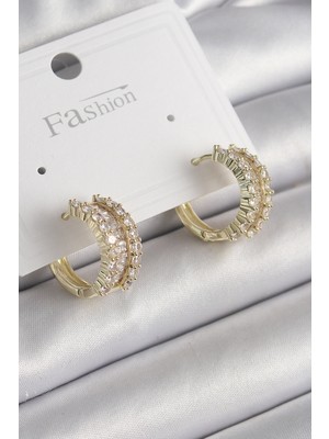 Pirinç Gold Renk Zirkon Taşlı Halka Model Kadın Küpe