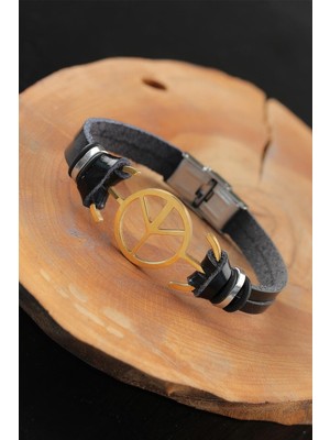Gold Renk Barış Figürlü Metal Aksesuarlı Siyah Renk Deri Erkek Bileklik