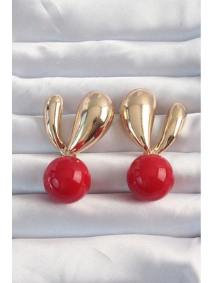 İntora Pirinç Gold Renk Kırmızı Yuvarlak Tasarım Küpe - TJ-BKP9171