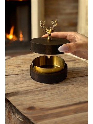 Gisvol Kapaklı Koyu Ahşap Geyik Figürlü Metal Iç Haznli Dekoratif Küllük Masa Üstü Küllük Koyu Gold Geyikli