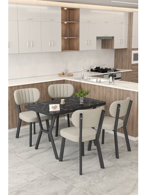 Mygusi Gnr 70X110CM Sabit Siyah Mutfak Masası Takımı, Yemek Masası, 4 Modern Krem Sandalye