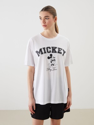 Lc Waikiki Yeni Sezon Bisiklet Yaka Mickey Mouse Baskılı Kadın Tişört