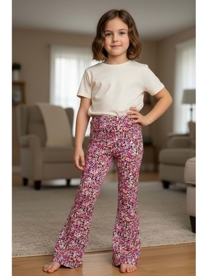 Viskos Kumaş Baskılı Kız Çocuk Ispanyol Paça Tayt - RYZ118 - Fuşya - 10 Yaş Fuşya