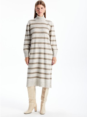 Lc Waikiki Yeni Sezon Balıkçı Yaka Çizgili Uzun Kollu Oversize Kadın Triko Elbise