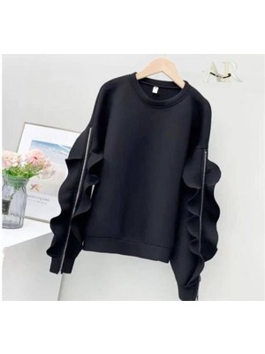 Buğrahayalin Kadın Bisiklet Yaka Kolları Volan Detay Üç Iplik Kumaş Sweat