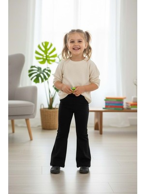 Ispanyol Paça Düz Renk Viskos Kız Çocuk Tayt - RYZ119 - Siyah - 11 Yaş Siyah