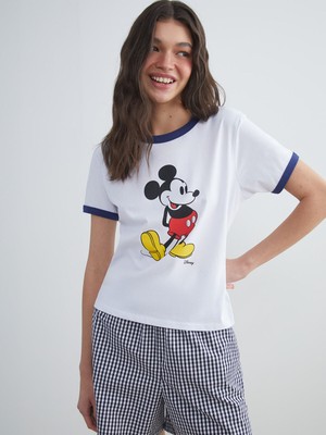 Lc Waikiki Yeni Sezon Bisiklet Yaka Mickey Mouse Baskılı Kadın Tişört