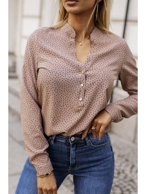 Arben Boutique Kadın Hakim Yaka Metal Düğmeli Moskrep Kumaş Bluz