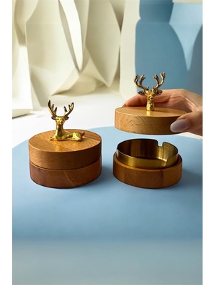 Gisvol 2li Set Kapaklı Ahşap Geyik Figürlü Metal Iç Haznli Dekoratif Küllük Masa Küllük Doğal Gold Geyikli2