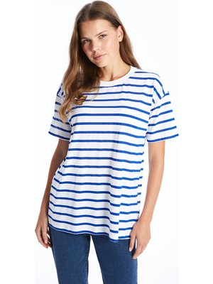 Lc Waikiki Yeni Sezon Bisiklet Yaka Çizgili Kısa Kollu Oversize Kadın Tişört