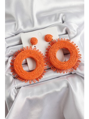 Hsc Bilişim Turuncu Püsküllü Halka Figürlü Hasır Örgü Model Gold Renk Kadın Küpe - TJ-BKP10710