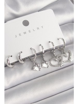 Hsc Bilişim Pirinç Gümüş Renk Sallantı Zirkon Taşlı Kalp Model Halka Detay Kadın Küpe Seti - TJ-BKP10277