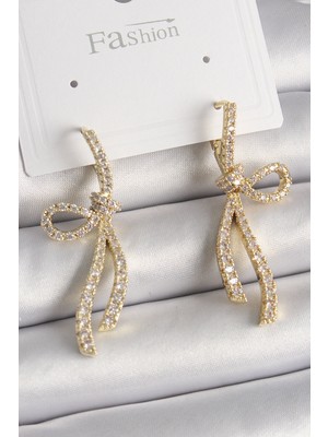 Hsc Bilişim Pirinç Gold Renk Zirkon Taşlı Kurdele Model Kadın Küpe - TJ-BKP9897