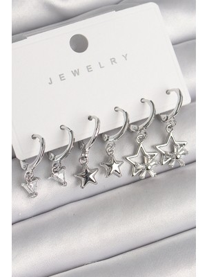 Hsc Bilişim Pirinç Gümüş Renk Sallantı Zirkon Taşlı Yıldız Model Üçgen Detay Kadın Küpe Seti - TJ-BKP10289