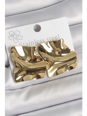 Hsc Bilişim 316 Çelik Gold Renk Dalgalı Plaka Kare Model Kadın Küpe - TJ-BKP10532
