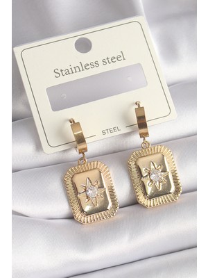 Hsc Bilişim 316L Çelik Gold Renk Zirkon Taşlı Yıldız Işlemeli Kadın Küpe - TJ-BKP9708