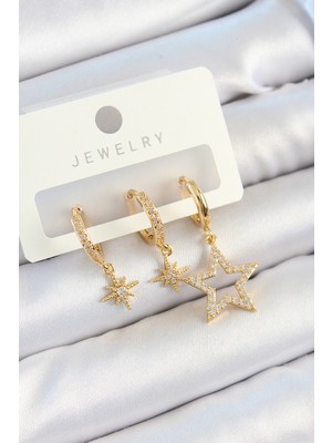 Hsc Bilişim Pirinç Zirkon Taşlı Yıldız Model Gold Renk 3'lü Çift Kadın Küpe Set - TJ-BKP10828