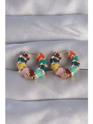 Hsc Bilişim Pirinç Gold Renk Mineli Çok Renkli Kabartmalı Halka Küpe - TJ-BKP9077