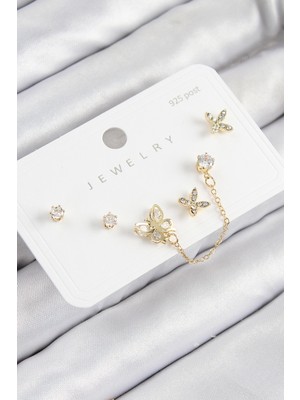 Hsc Bilişim Pirinç Zirkon Taşlı Model Gold Renk 925 Ayar Gümüş Çivi Kadın Küpe Set - TJ-BKP11160