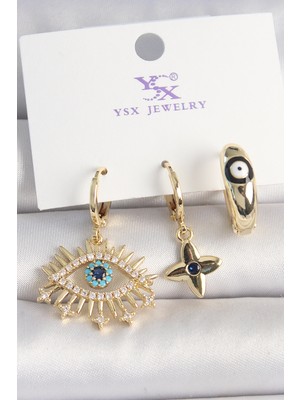 Hsc Bilişim Pirinç Gold Renk Zirkon Taşlı Göz Figür Nazar Boncuk Detay 3'lü Kadın Kombin Küpe - TJ-BKP10439