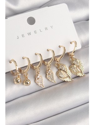 Hsc Bilişim Pirinç Gold Renk Sallantı Zirkon Taşlı Kanat Model Topçuk Detay Kadın Küpe Seti - TJ-BKP10286