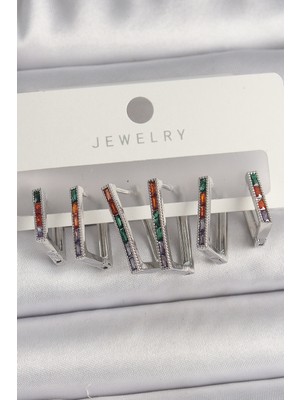 Hsc Bilişim Pirinç Gümüş Renk Renkli Zirkon Taşlı Kare Model Kadın Küpe Seti - TJ-BKP10107