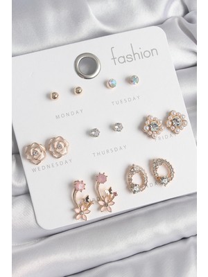 Hsc Bilişim Pirinç Gold Renk Zirkon Taşlı Çiçek Figür 7 Çift Kadın Küpe Seti - TJ-BKP10540