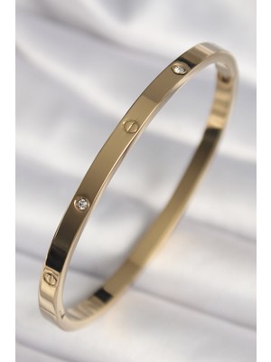 Hsc Bilişim 316L Çelik Gold Renk Zirkon Taşlı Cartier Model Kadın Bilezik - TJ-BB6739