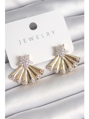 Hsc Bilişim Pirinç Gold Renk Zirkon Taşlı Yıldız Yelpaze Model Kadın Küpe - TJ-BKP10204