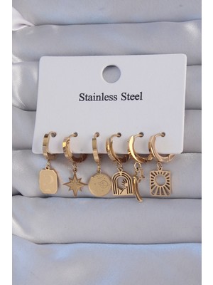 Hsc Bilişim 316L Çelik Gold Renk Yıldız Figürlü Tarot Model Halka Küpe Seti - TJ-BKP9156