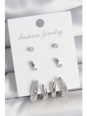 Hsc Bilişim Pirinç Gümüş Renk Zirkon Taş Detaylı Işlemeli Motif Model 3 Çift Kadın Küpe Seti - TJ-BKP10600