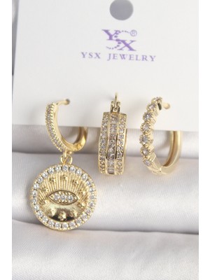 Hsc Bilişim Pirinç Gold Renk Zirkon Taşlı Göz Işlemeli Model 3'lü Kadın Kombin Küpe - TJ-BKP10435