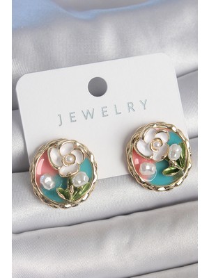 Hsc Bilişim Pirinç Gold Renk Mix Renk Mineli Incili Çiçek Işlemeli Portre Model Kadın Küpe - TJ-BKP10502