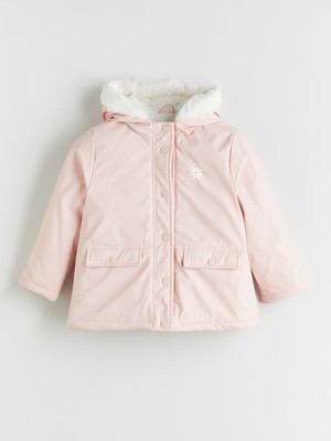 LC Waikiki Kapüşonlu Kız Çocuk Mont Uzun Kollu Düz Desenli Pelüş Astar ile Midi Model